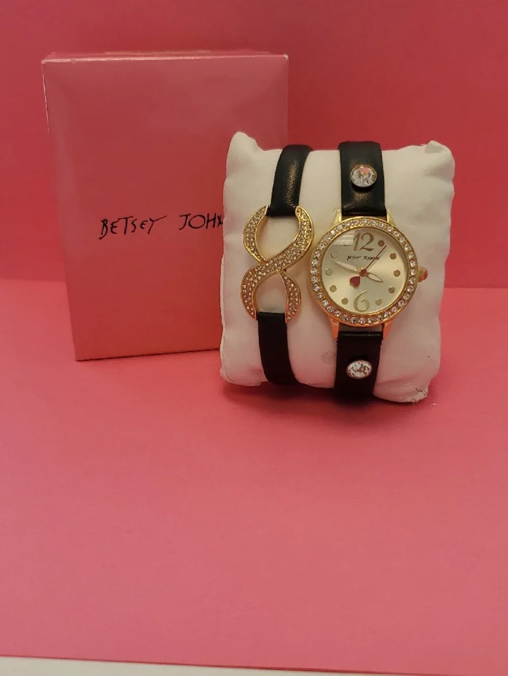 Betsey Johnson Black Strap Watch and Crystal-Accent Bracelet Set